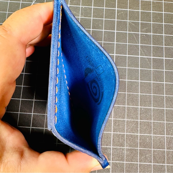 Ultra slim wallet minimalist travel -Horween (American leather) blue & orange - Picture 4 of 9